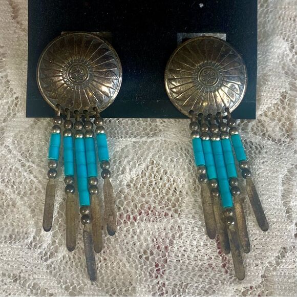 Boho Turquoise and Silver Beaded Earrings Tribal Southwestern Style Dangle - Picture 1 of 4